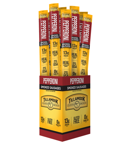 A display of Tillamook pepperoni meat sticks in branded packaging.