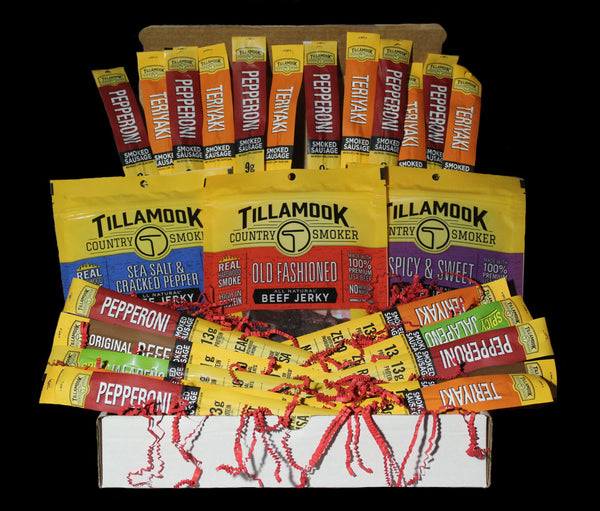 Sample Box of Tillamook Country Smoker Meat Sticks and Tillamook Beef Jerky